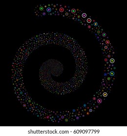 Electric Power salute vortex spiral. Vector bright multicolored scattered icons.