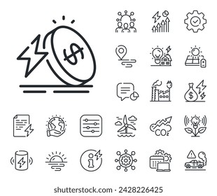 Señal de energía eléctrica. Iconos de energía, escape de CO2 y contorno del panel solar. Icono de línea de precio de energía. Símbolo de costo creciente. Señal de línea de precio de energía. Icono de energía eólica o eléctrica ecológica. El planeta verde. Vector