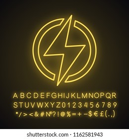 Electric power sign neon light icon. Lightning bolt. Glowing sign with alphabet, numbers and symbols. Charging. Thunder. Power button. Electricity. Vector isolated illustration
