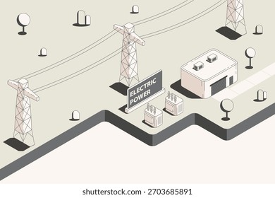 Electric Power, Smart Electric Grid, High-Voltage Power Network in isometric graphic