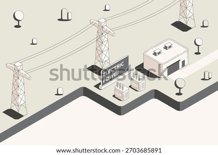 Electric Power, Smart Electric Grid, High-Voltage Power Network in isometric graphic