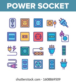 Electric Power Socket Collection Icons Set Vector Thin Line. Electrical Socket, Rosette And Cord Cable, Lightning And Flame Concept Linear Pictograms. Color Contour Illustrations