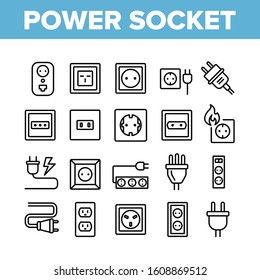 Electric Power Socket Collection Icons Set Vector Thin Line. Electrical Socket, Rosette And Cord Cable, Lightning And Flame Concept Linear Pictograms. Monochrome Contour Illustrations