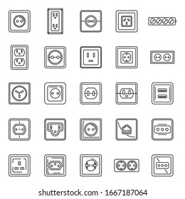 Electric power socket icons set. Outline set of electric power socket vector icons for web design isolated on white background