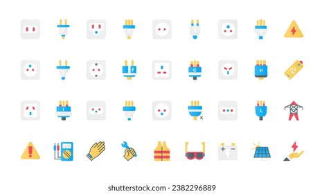 Electric power socket types flat icons set vector illustration. Symbols collection of world standards for outlets of different countries, safety gear, equipment of electrician, and battery.