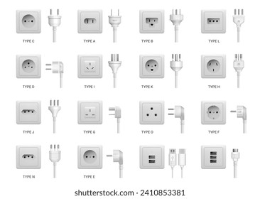 Electric power sockets with different types of plug cord. Vector isolated type C and A, B and L, usb standard ports for devices charging and appliances, electronic equipment connectors