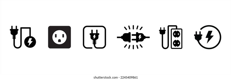 Conjunto de iconos de enchufe de fuente de alimentación eléctrica. Señal del cable de la electricidad. Elemento de símbolo eléctrico. Ilustración de material vectorial.