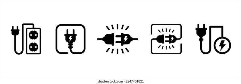 Electric power source socket icon set. Electricity wire cord sign. Electrical symbol element. Vector stock illustration.