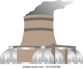 Electric Power Station With Cooling Tower And Work Flows. Vector Illustrtion.