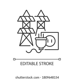 Electric power station linear icon. Energy industry manufacturing thin line customizable illustration. Contour symbol. Electricity generation. Vector isolated outline drawing. Editable stroke