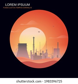 Electric power station over orange sunset retro style vector background