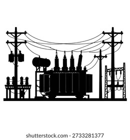 Electric power substation with transformers and utility lines representing energy distribution infrastructure silhouette vector
