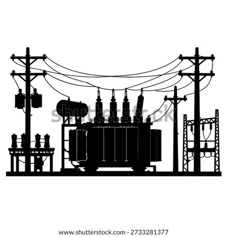 Electric power substation with transformers and utility lines representing energy distribution infrastructure silhouette vector
