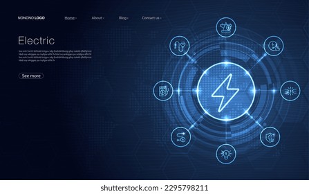 Electric power symbol, lightning bolt sign with icons glowing, green renewable energy concept, futuristic technology with turquoise neon for website, mobile app. vector design.