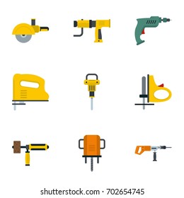 Electric power tool icon set. Flat set of 9 electric power tool vector icons for web isolated on white background