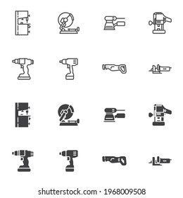 Electric power tools icon set, line and glyph version, outline and filled vector sign. linear and full pictogram. Symbol, logo illustration. Set includes icons as cordless screwdriver, circular saw