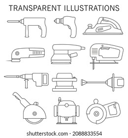 Electric power tools. Set of vector icons and illustration. Construction, repair and building. Drill, screwdriver, planer, jackhammer, jigsaw, plunge router.