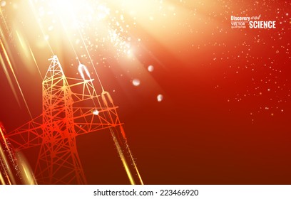 Electric power transmission tower with sparks. Vector illustration.