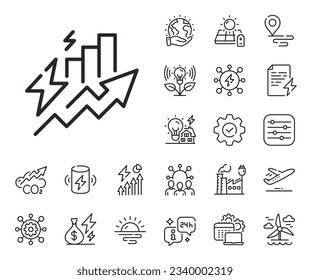 Signo de tendencia de aumento de la energía eléctrica. Iconos de energía, gases de escape de CO2 y paneles solares. Icono de línea de crecimiento del consumo. Símbolo de inflación energética. Signo de línea de crecimiento del consumo. Vector