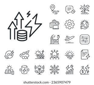 Electric power up trend sign. Energy, Co2 exhaust and solar panel outline icons. Energy inflation line icon. Consumption growth symbol. Energy inflation line sign. Vector