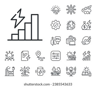 Electric power up trend sign. Energy, Co2 exhaust and solar panel outline icons. Consumption growth line icon. Energy chart symbol. Consumption growth line sign. Vector