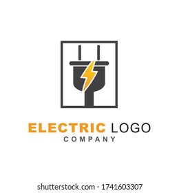Electric power vector logo design element with plugin shape. Service energy and thunder electricity symbol concept. Lightning bolt sign in the circle. Flash vector emblem template. Power fast speed