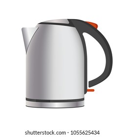 Electric powerful teapot in metallic shiny corpus. Convenient kitchen appliance to heat water for drinks. Modern kettle isolated vector illustration.