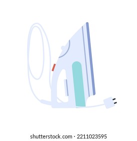 Electric press iron. Steam device, home appliance with cable, plug. Modern domestic equipment with wire, standing in vertical position. Flat vector illustration isolated on white background