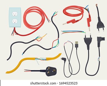 Electric problem. Damaged communication cable with plug broken connection cut electrical signal vector