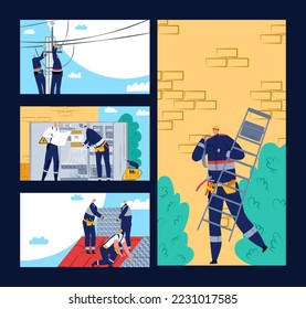 Electric professional occupation, engineer make electricity repair, vector illustration. Cartoon repairman technician use special tool for work.