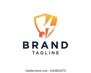 Electric Protection Logo. Orange Gradient Shield Line with Wire and Plug Icons Combination including Negative Space E Letter inside. Flat Vector Logo Design Template Element for Electricity Logos.
