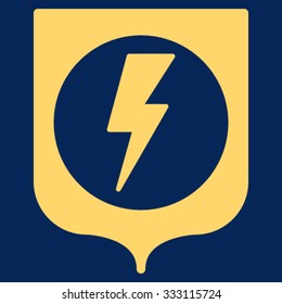 Electric Protection vector icon. Style is flat symbol, yellow color, rounded angles, blue background.