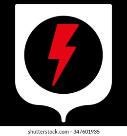 Electric Protection vector icon. Style is bicolor flat symbol, red and white colors, rounded angles, black background.