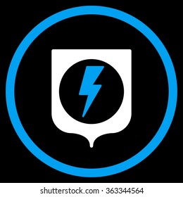 Electric Protection vector icon. Style is bicolor flat circled symbol, blue and white colors, rounded angles, black background.