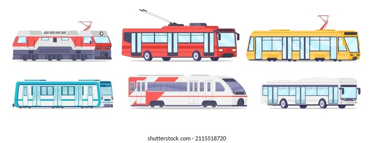 Electric public transportation for passenger carrying collection isometric vector illustration. Set different auto traffic commuter city intercity travel moving. Train, tram, bus, trolleybus, subway