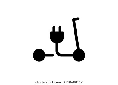 Electric push scooter black icon. Green electrical kick e-scooter and plug charging station symbol. Eco friendly electro vehicle sign concept. Vector battery powered EV transportation eps logotype