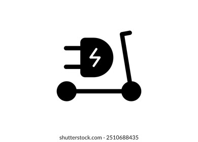 Electric push scooter black icon. Green electrical kick e-scooter and plug charging station symbol. Eco friendly electro vehicle logo concept. Vector battery powered EV transportation eps logotype