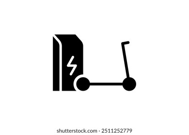 Electric push scooter charging in charger station icon. Electrical kick e-scooter energy charge black symbol. Eco friendly electro vehicle recharge sign. Battery powered EV transportation eps logotype