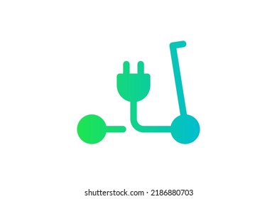 Icono de la motocicleta eléctrica. Scooter electrónico y símbolo de carga de enchufe del cable de gradiente verde. Concepto de señalización de vehículos electrónicos amigables para el medio ambiente. Ilustración de pasos de transporte con batería de vectores