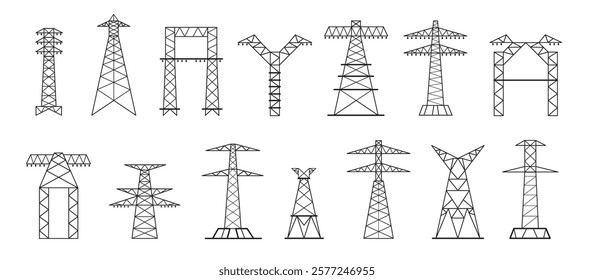 Electric pylon. High voltage power transmission line tower, electricity grid network pole construction, industrial energy supply pylon equipment. Vector isolated set.