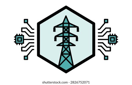 Electric pylon icon inside hexagonal shape with integrated circuit patterns.