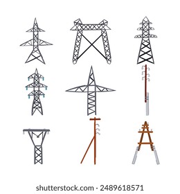 electric pylon set cartoon. high voltage, pole industry, line grid electric pylon sign. isolated symbol vector illustration