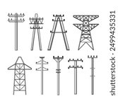 electric pylon set cartoon. transmission high, grid industry, line pole electric pylon sign. isolated symbol vector illustration
