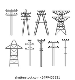 Elektrischer Pylonsatz Cartoon. Transmission hoch, Grid Industrie, Line-Pol elektrischen Pylon Zeichen. einzelne Symbol, Vektorgrafik