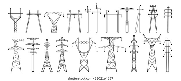 Electric pylon silhouette. High voltage electric line, power transmission pole types and energy network towers vector illustration set of power energy electricity tower