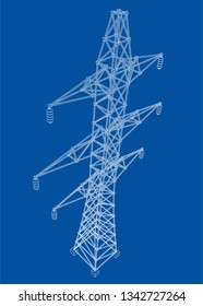 Electric pylon or electric tower concept. Vector rendering of 3d. Wire-frame style. The layers of visible and invisible lines are separated