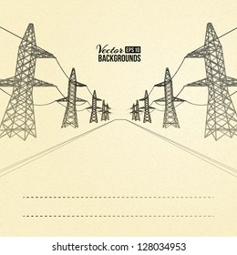 Electric pylons in perspective. Vector illustration, eps 10, contains transparencies.
