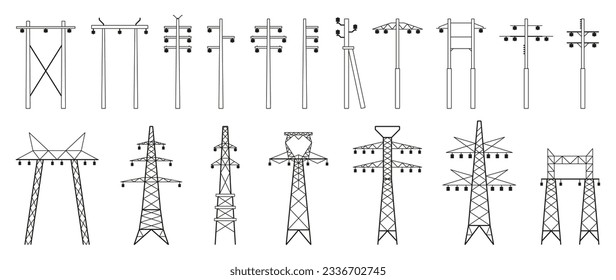 Apilones eléctricos. Construcción y mantenimiento de torres eléctricas, conexión de líneas eléctricas y construcción de infraestructuras de redes eléctricas. Colección plana vectorial. Equipo energético de la ciudad