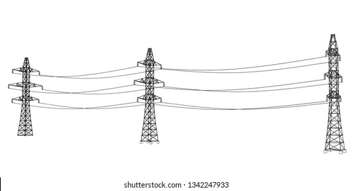 Electric pylons or electric towers concept. Vector rendering of 3d. Wire-frame style. The layers of visible and invisible lines are separated