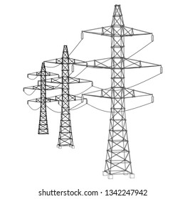 Electric pylons or electric towers concept. Vector rendering of 3d. Wire-frame style. The layers of visible and invisible lines are separated